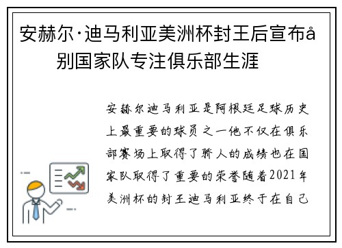 安赫尔·迪马利亚美洲杯封王后宣布告别国家队专注俱乐部生涯 安赫尔·迪马利亚美洲杯封王后宣布告别国家队专注俱乐部生涯
